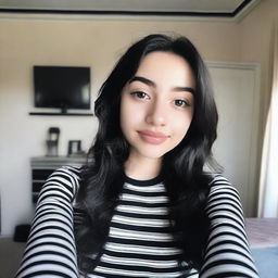 A beautiful 18-year-old girl with long wavy black hair and black eyes taking a selfie in her bedroom