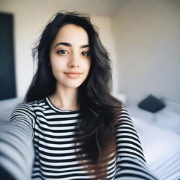 A beautiful 18-year-old girl with long wavy black hair and black eyes taking a selfie in her bedroom