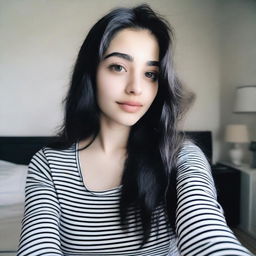 A beautiful 18-year-old girl with long wavy black hair and black eyes taking a selfie in her bedroom