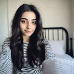 A beautiful 18-year-old girl with long wavy black hair and black eyes taking a selfie in her bedroom