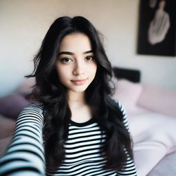 A beautiful 18-year-old girl with long wavy black hair and black eyes taking a selfie in her bedroom