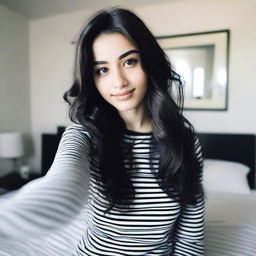 A beautiful 18-year-old girl with long wavy black hair and black eyes taking a selfie in her bedroom