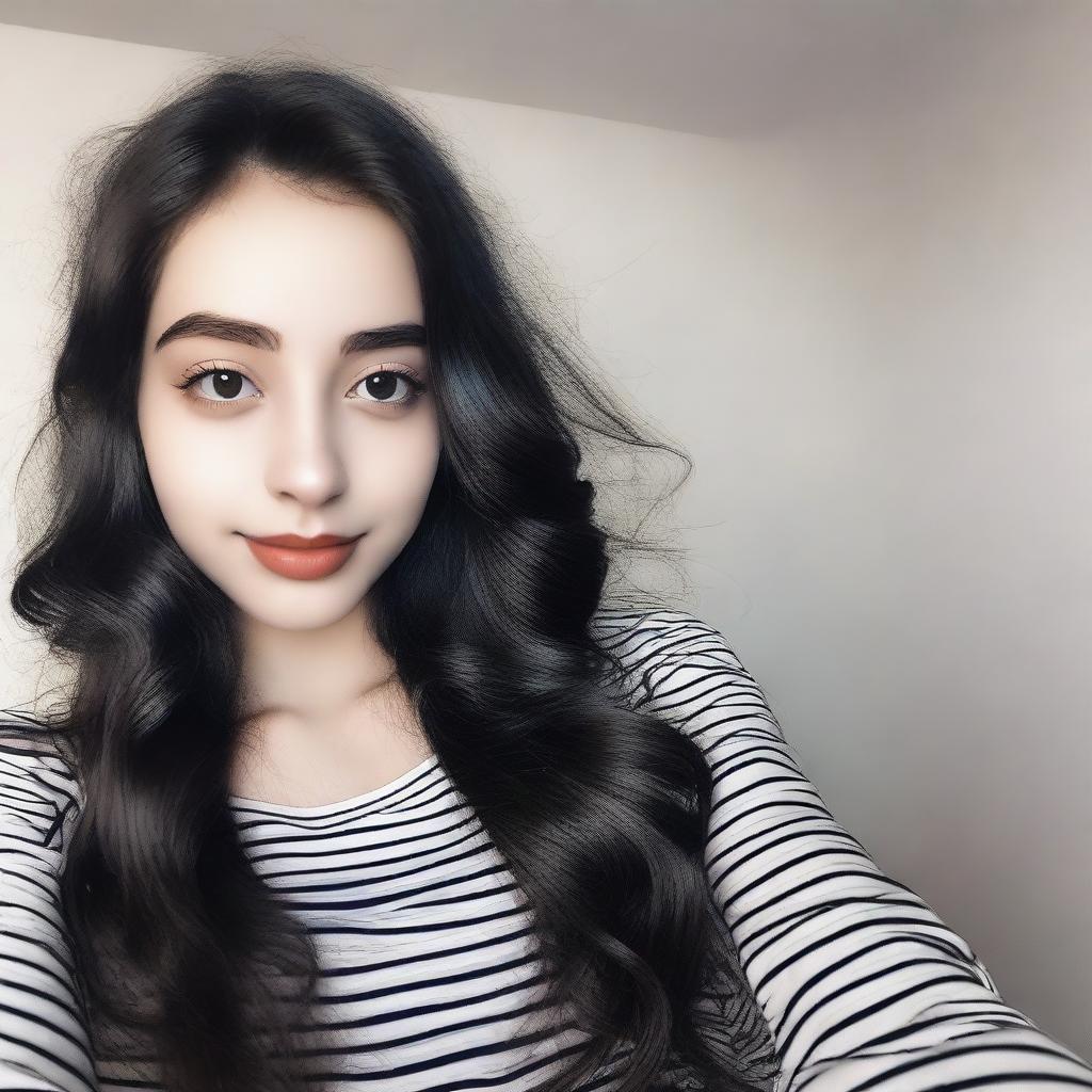 A beautiful 18-year-old girl with long wavy black hair and black eyes taking a selfie