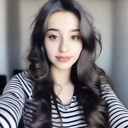 A beautiful 18-year-old girl with long wavy black hair and black eyes taking a selfie