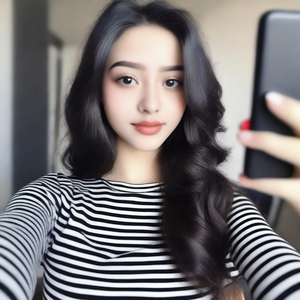 A beautiful 18-year-old girl with long wavy black hair and black eyes taking a selfie