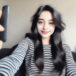 A beautiful 18-year-old girl with long wavy black hair and black eyes taking a selfie