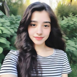 A close-up high selfie of an extremely beautiful 18-year-old girl with long wavy black hair