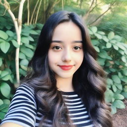 A close-up high selfie of an extremely beautiful 18-year-old girl with long wavy black hair