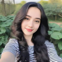 A close-up high selfie of an extremely beautiful 18-year-old girl with long wavy black hair