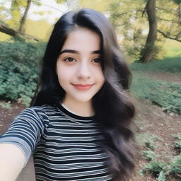 A close-up high selfie of an extremely beautiful 18-year-old girl with long wavy black hair