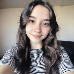 A close-up high selfie of an 18-year-old girl with long wavy black hair