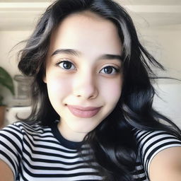 A close-up high selfie of an 18-year-old girl with long wavy black hair