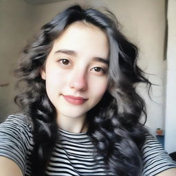 A close-up high selfie of an 18-year-old girl with long wavy black hair