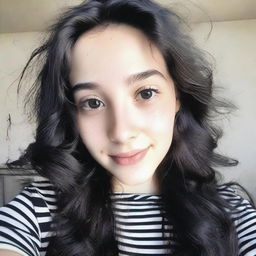 A close-up high selfie of an 18-year-old girl with long wavy black hair