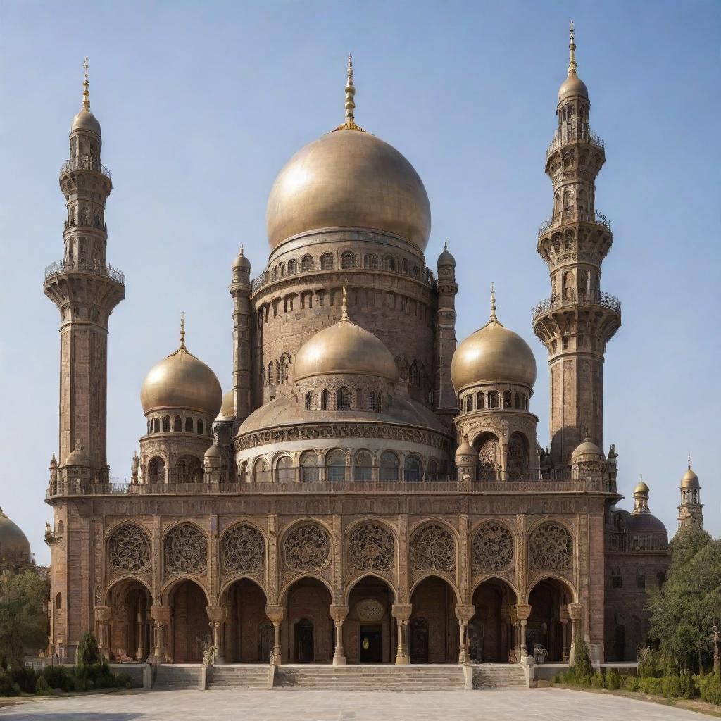 A grand mosque envisioned in a steampunk style, its domes and minarets adorned with intricate clockwork, brass accents and steam-driven machinery, all in a Victorian-era setting.