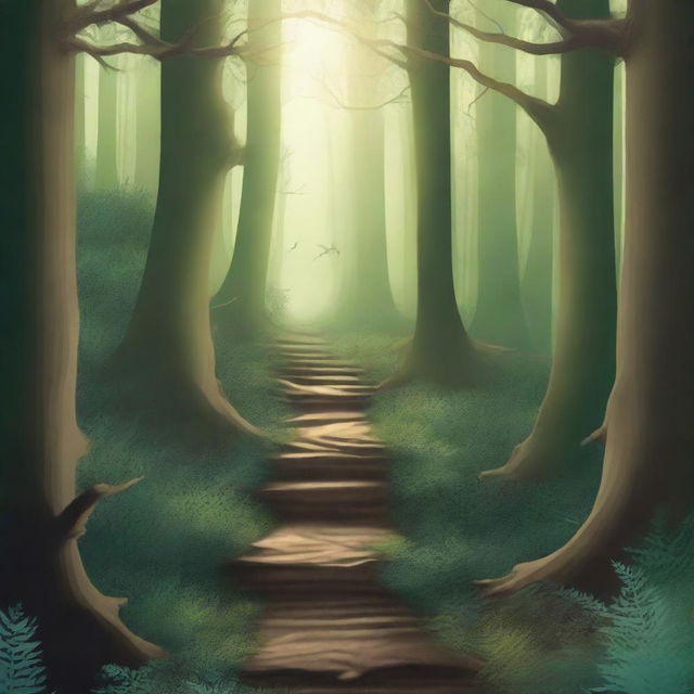 A detailed and captivating book cover featuring an enchanting forest with a mysterious path leading into the unknown