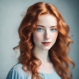 A single, attractive 21-year-old girl with wavy red hair, fair skin, light blue eyes, full lips, and a long face