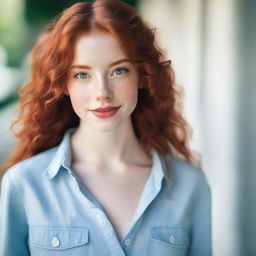 A single, attractive 21-year-old girl with wavy red hair, fair skin, light blue eyes, full lips, and a long face