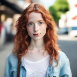 A single, attractive 21-year-old girl with wavy red hair, fair skin, light blue eyes, full lips, and a long face