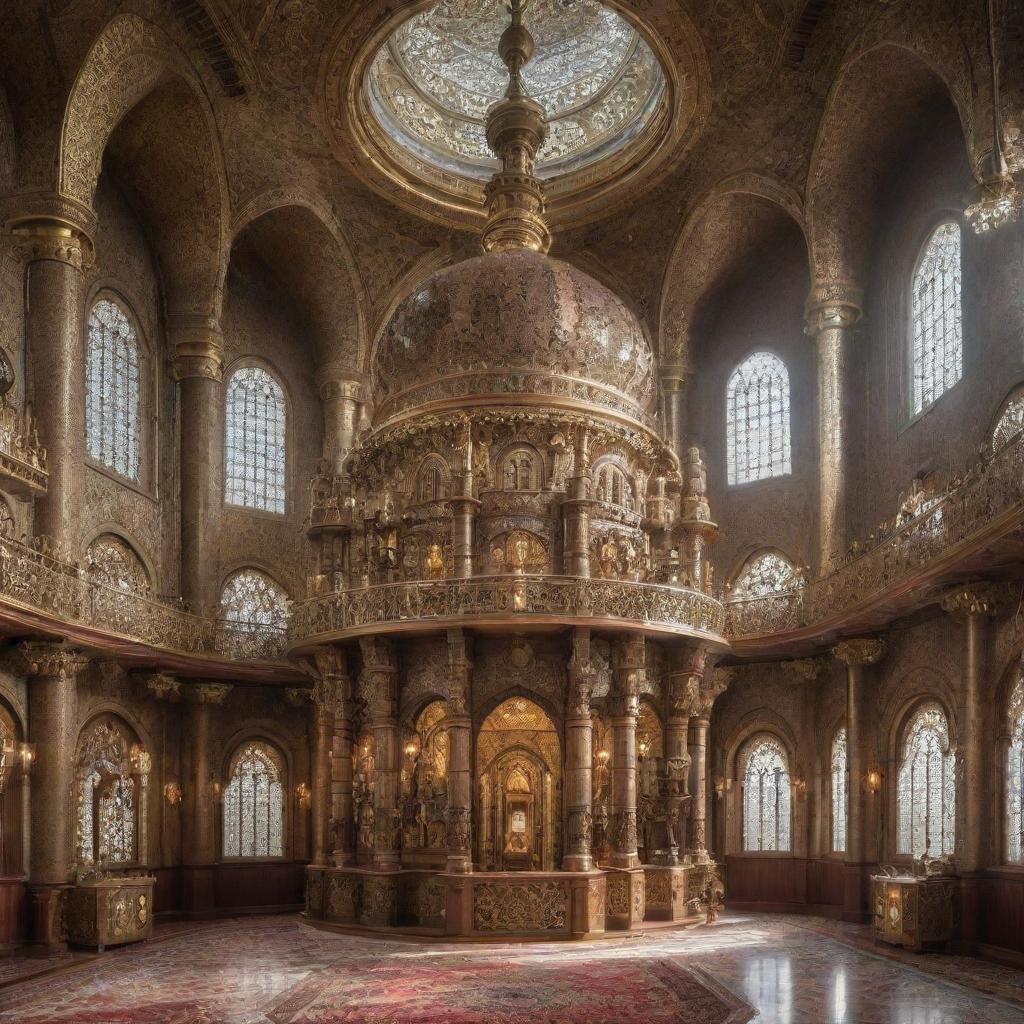 A grand mosque envisioned in a steampunk style, its domes and minarets adorned with intricate clockwork, brass accents and steam-driven machinery, all in a Victorian-era setting.