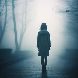 A girl lost in a dense fog, creating a moody and mysterious aesthetic