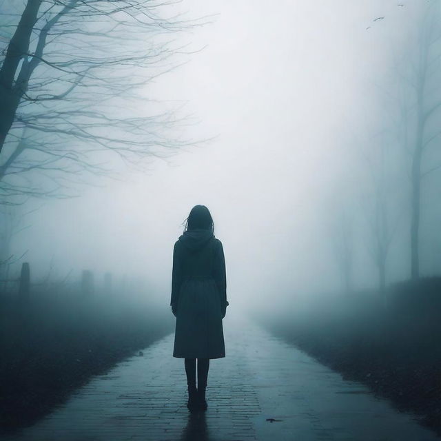 A girl lost in a dense fog, creating a moody and mysterious aesthetic