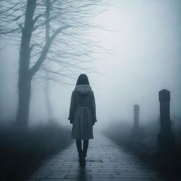 A girl lost in a dense fog, creating a moody and mysterious aesthetic