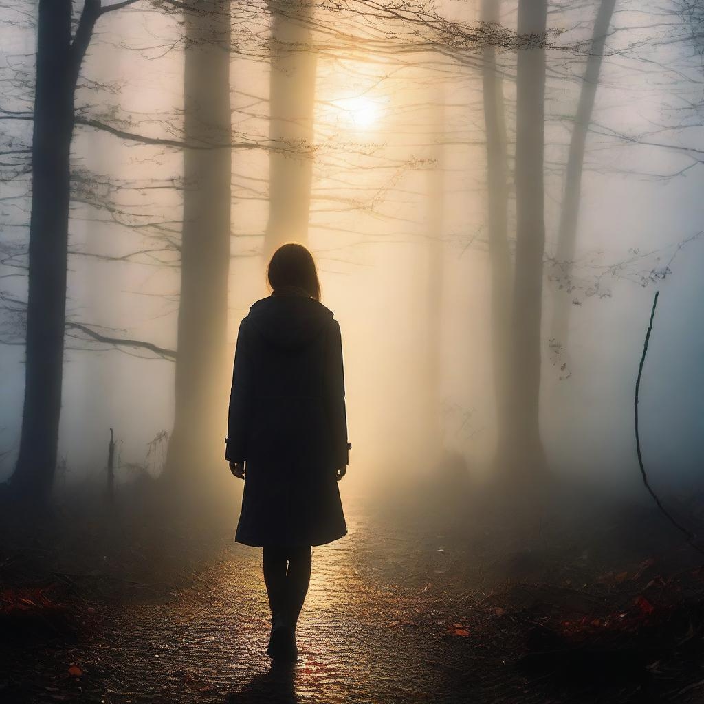 A girl lost in a dense fog, but this time the scene is more lively with vibrant colors breaking through the mist