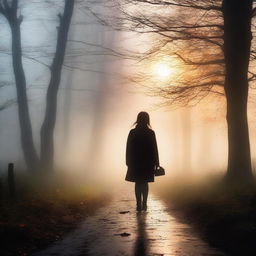 A girl lost in a dense fog, but this time the scene is more lively with vibrant colors breaking through the mist