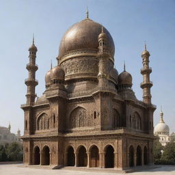 A grand mosque envisioned in a steampunk style, its domes and minarets adorned with intricate clockwork, brass accents and steam-driven machinery, all in a Victorian-era setting.