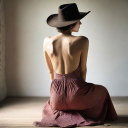 A woman in a dress in a low cowgirl position, viewed from the rear