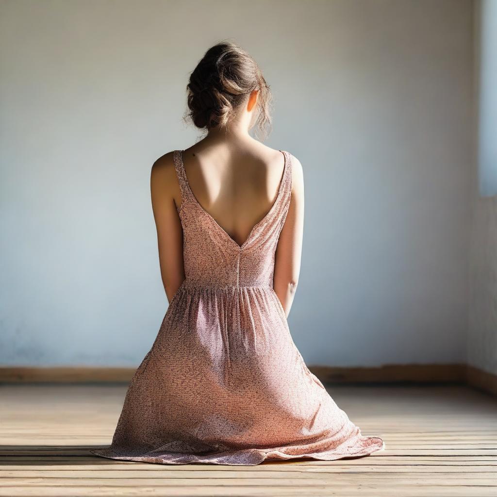 A woman in a dress in a low cowgirl position, viewed from the rear