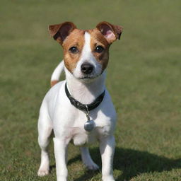 A wire hair Jack Russell Terrier with alert expression, standing proudly in an open grass field.