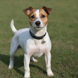 A wire hair Jack Russell Terrier with alert expression, standing proudly in an open grass field.