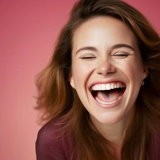 A radiant woman in mid-laughter, her eyes twinkling with joy, her mouth wide open as laughter escapes, a positive energy surrounding her.