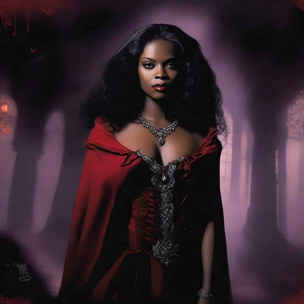 An African American female vampire stands with an air of regal elegance, surrounded by shadows