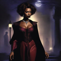 An African American female vampire stands with an air of regal elegance, surrounded by shadows