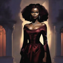 An African American female vampire stands with an air of regal elegance, surrounded by shadows