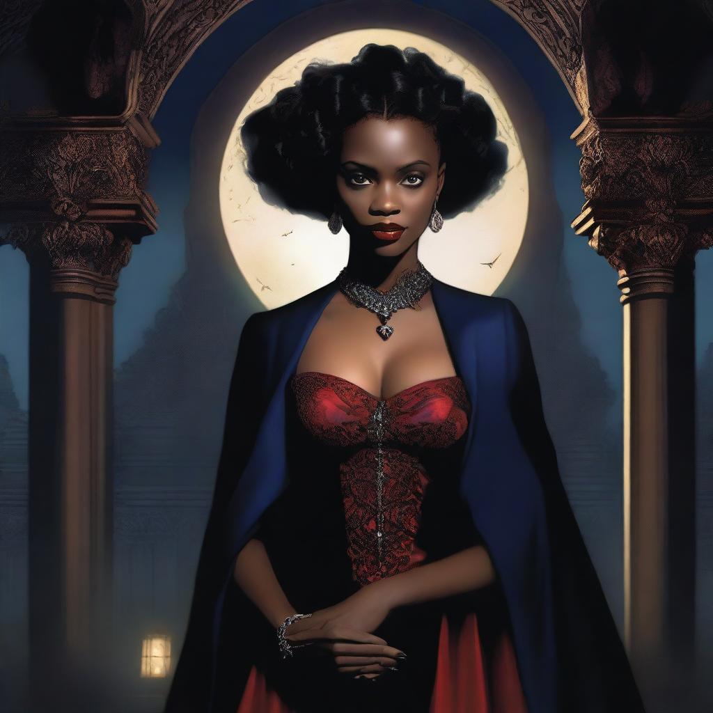 An African American female vampire stands with an air of regal elegance, surrounded by shadows