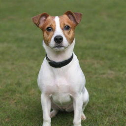 A wire hair Jack Russell Terrier with alert expression, standing proudly in an open grass field.