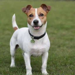 A wire hair Jack Russell Terrier with alert expression, standing proudly in an open grass field.