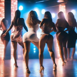 A rear view image of white women twerking in a low squat position while wearing tight dresses