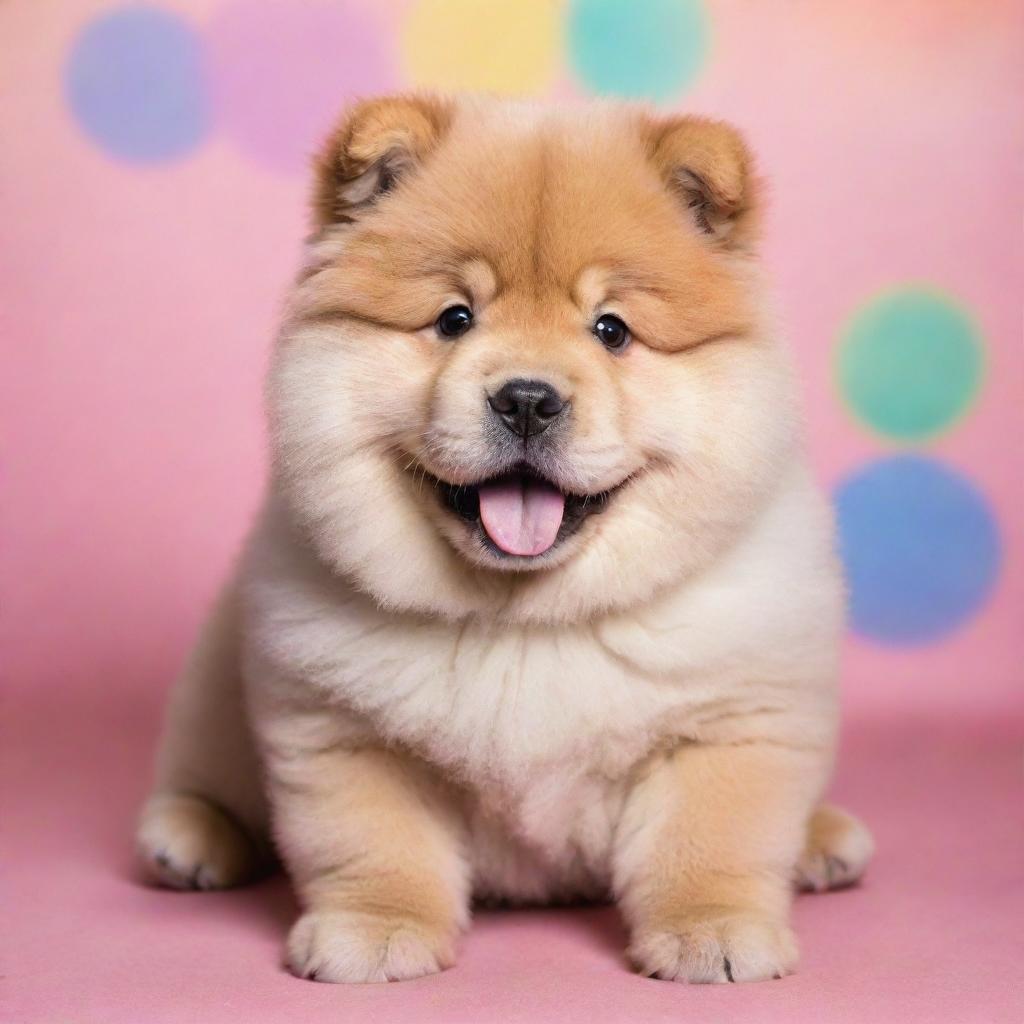 A fluffy Chow Chow puppy with an adorable 'kawaii' style, featuring big sparkling eyes, in a playful pose with a colorful background.