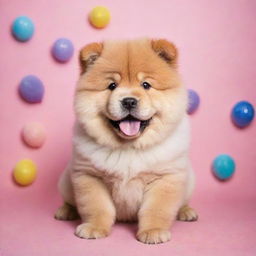 A fluffy Chow Chow puppy with an adorable 'kawaii' style, featuring big sparkling eyes, in a playful pose with a colorful background.