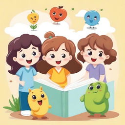 Create an image featuring cute characters designed for a study book