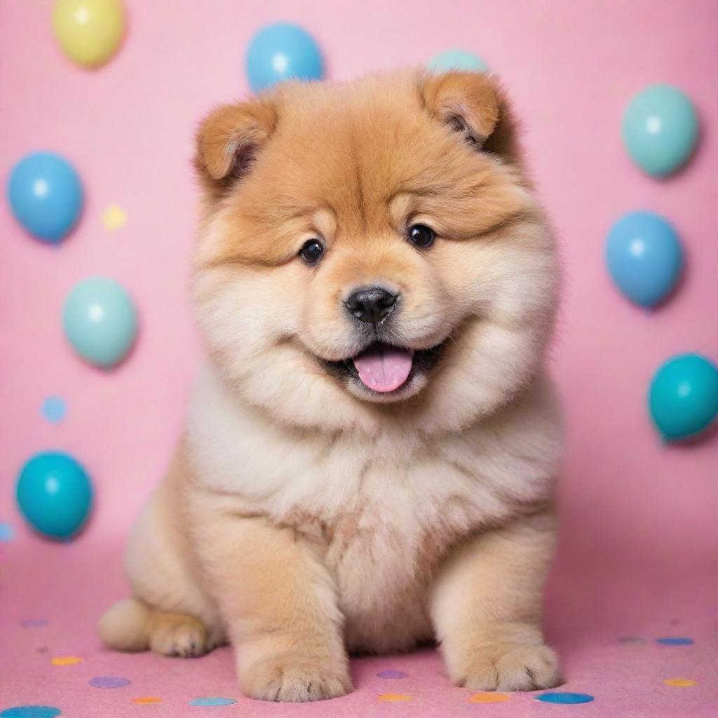 A fluffy Chow Chow puppy with an adorable 'kawaii' style, featuring big sparkling eyes, in a playful pose with a colorful background.