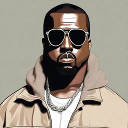 A detailed portrait of Kanye West, capturing his iconic style and personality