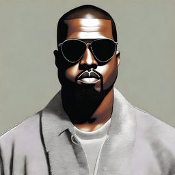 A detailed portrait of Kanye West, capturing his iconic style and personality