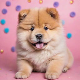 A fluffy Chow Chow puppy with an adorable 'kawaii' style, featuring big sparkling eyes, in a playful pose with a colorful background.