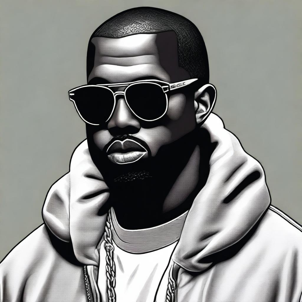 A detailed portrait of Kanye West, capturing his iconic style and personality